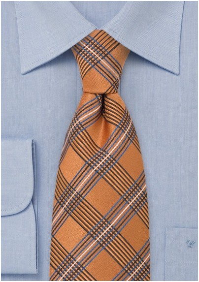 Orange Plaid Pattern Silk Tie