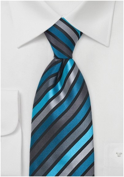 Teal, Aqua, and Gray Striped Tie in XL