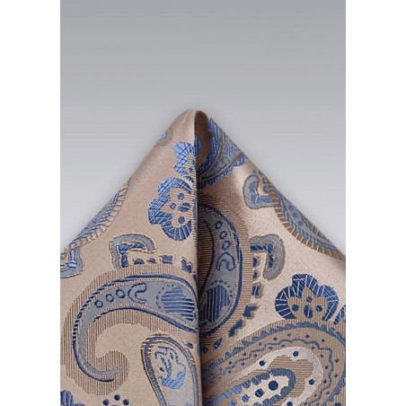 Champagne and Blue Paisley Pocketsquare