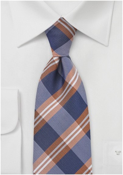 Modern Plaid Tie in Blue and Copper