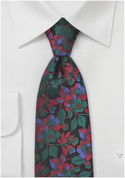 Embroidered Floral Tie in Red and Green