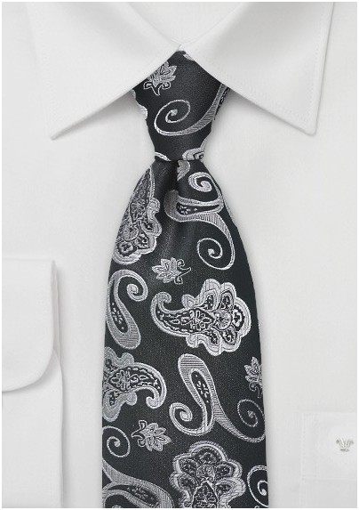 Paisley Motif Tie in Black and Silver