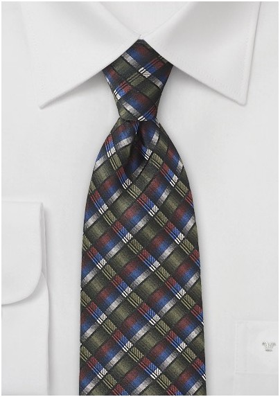 Contemporary Plaid Tie in Olive Green