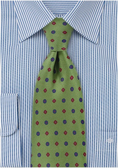 Retro Floral Grid Tie in Olive Green