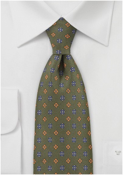 Olive Green Tie with Blue and Orange Accents