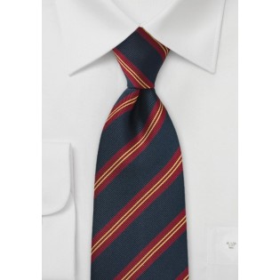 XL British Regimental Striped Necktie in Navy Blue, Gold, and Red