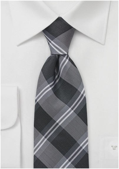 Plaid Kids Sized Tie in Tonal Greys