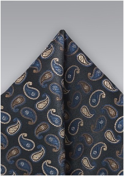 Small Paisley Patterned Pocket Square in Black and Blue