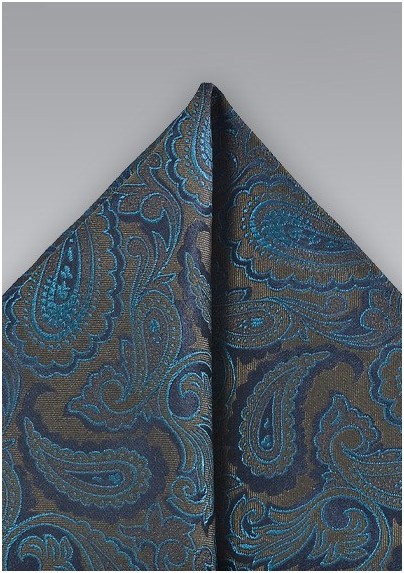 Ornate Paisley Pocket Square in Teals and Olives