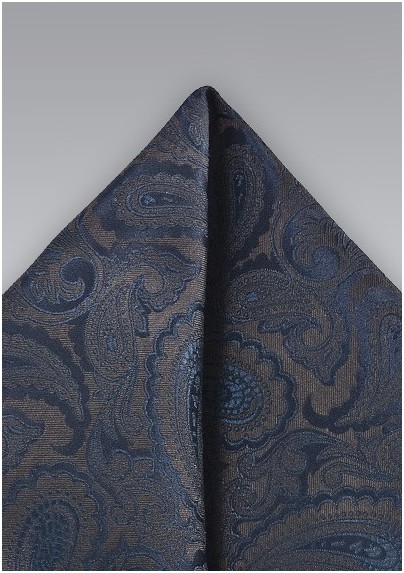 Designer Paisley Pocket Square in Navy and Sable