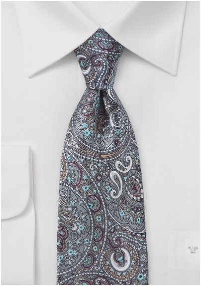 Moroccan Paisley Tie in Silvers and Burgundies