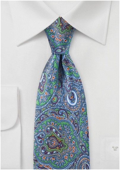 Mens Moroccan Paisley Tie  in Blues and Greens
