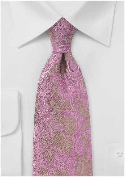 Gold and Fuchsia Silk Tie with Paisley and Floral Design