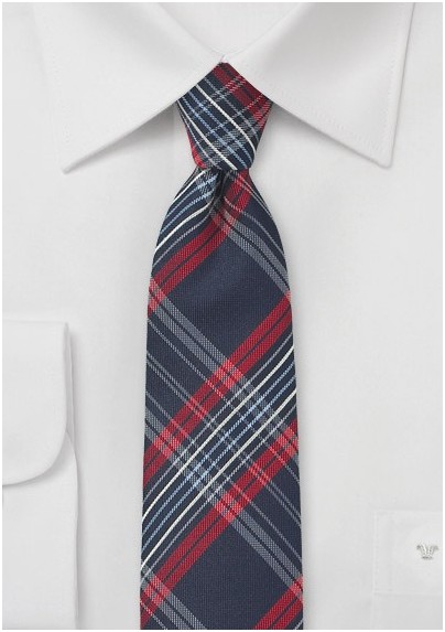 Tartan Check Skinny Tie in Navy and Red