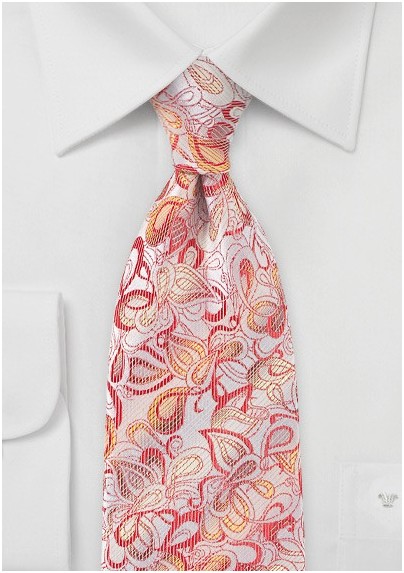 Embroidered Floral Tie in Reds and Silvers