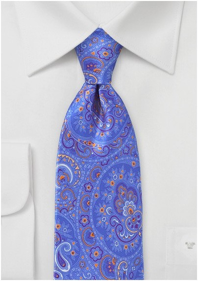 Luxe Paisley Tie in Bright Blues and Orange
