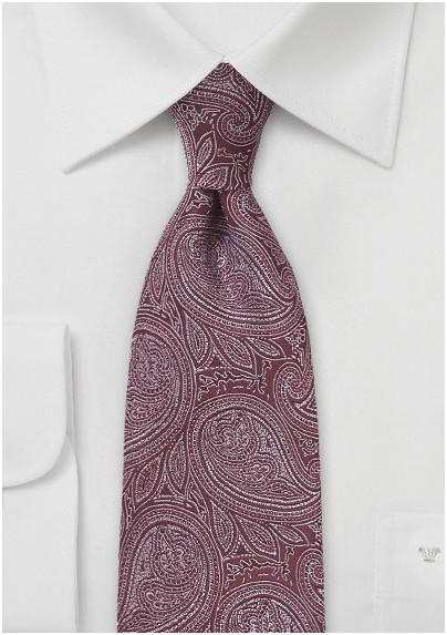 Designer Paisley Tie in Burgundy and Silver