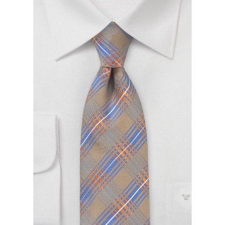 Modern Plaid Tie in Tan, Orange, Blue