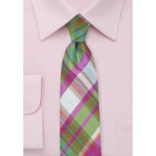 Slim Tailored Plaid Tie in Pinks and Greens