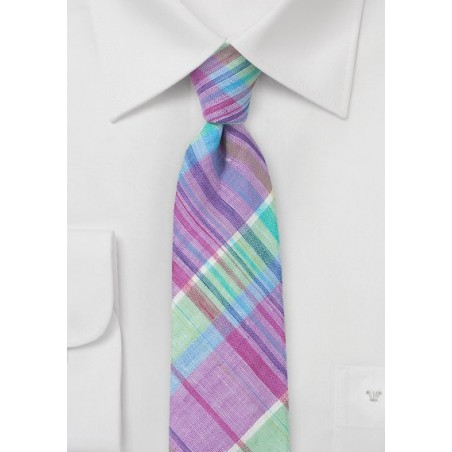 Slim Plaid Patterned Linen Tie in Pastels