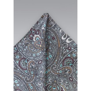 Moroccan Paisley Pocket Square in Silvers and Merlots