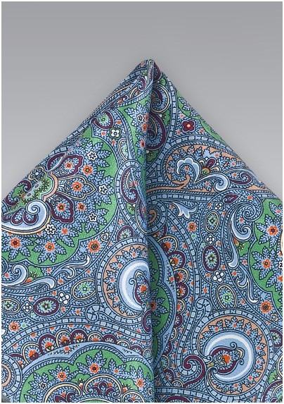 Moroccan Paisley Pocket Square in Blues and Greens