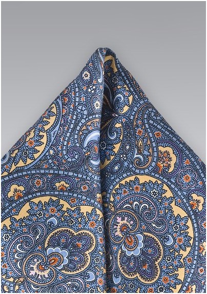 Moroccan Paisley Pocket Square in Blues and Golds