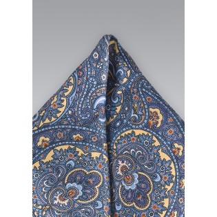 Moroccan Paisley Pocket Square in Blues and Golds