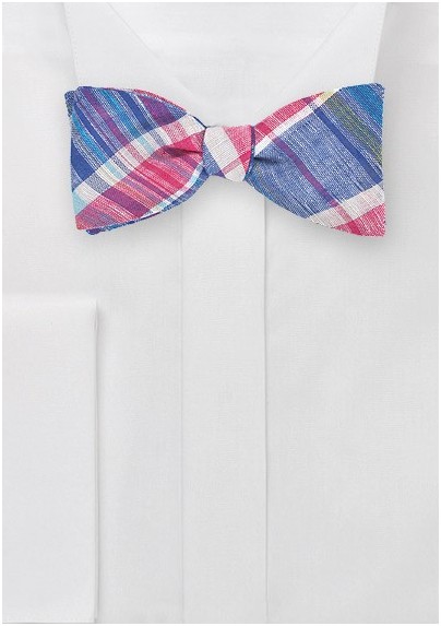 Madras Self Tie Bow Tie in Blue and Pink