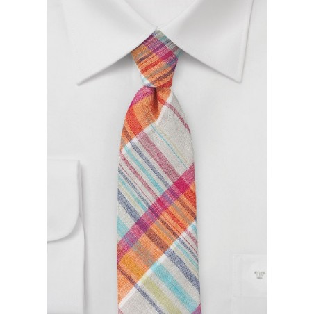 Madras Skinny Tie in Peach and Beige