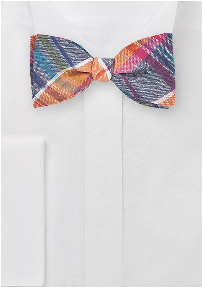 Madras Plaid Bow Tie in Blues and Oranges