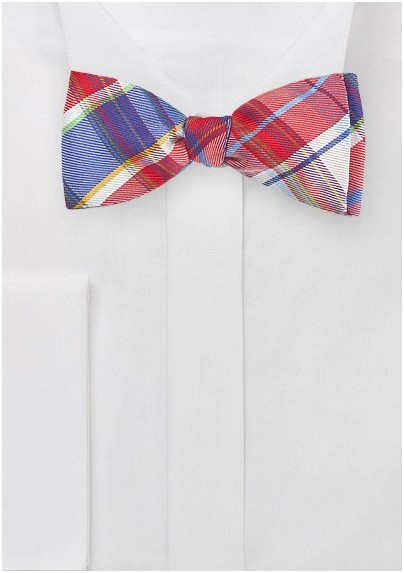 Designer Plaid Bow Tie in Reds and Blues