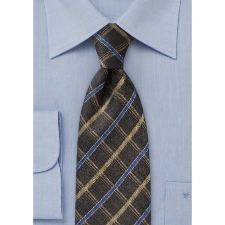 Choclate Brown Checked Necktie with Blue and Gold Accents