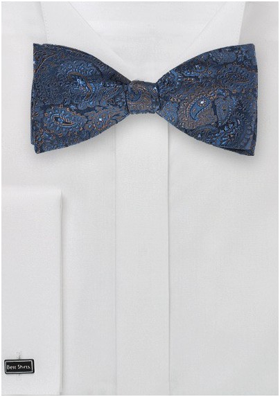 Blue and Bronze Paisley Bow Tie