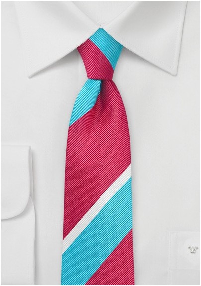 Trendy Narrow Tie in Aqua and Pink