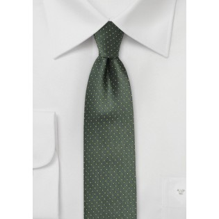 Dark Green Skinny Tie with Bright Yellow Pin Dots