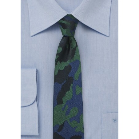 Navy, Black, and Green Camo Necktie in Silk
