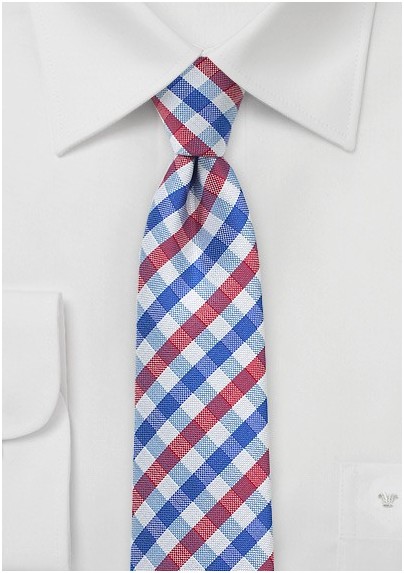 Skinny Gingham Tie in Red, White, Blue