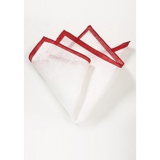 White Linen Pocket Square with Red Border