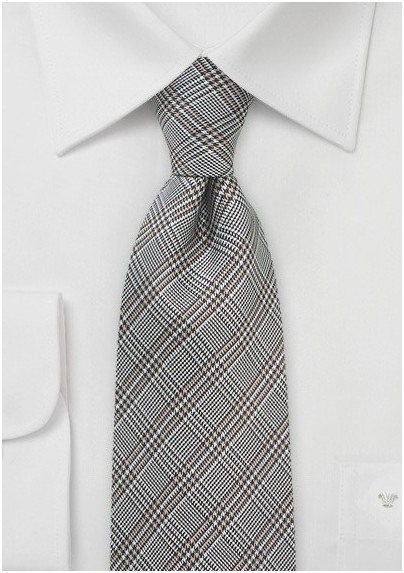 Glen Check Designer Silk Tie in Grays and Taupes