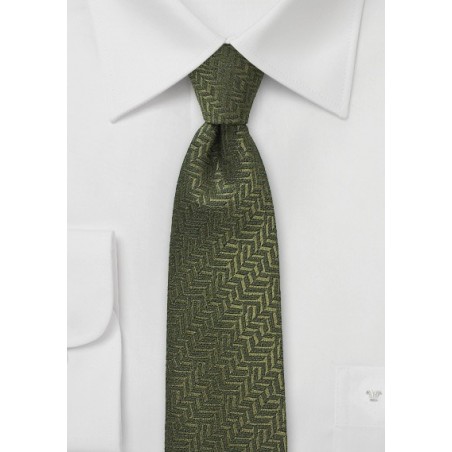 Olive Green Herringbone Skinny Tie