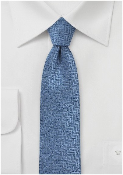 Steel Blue Herringbone Patterned Skinny Tie