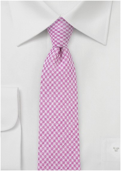 Pink Houndstooth Skinny Tie in Cotton Blend