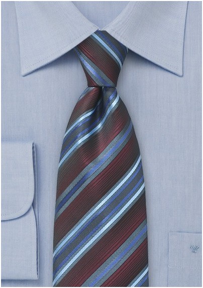 Classic Burgundy Color Tie with Silver and Blue Stripes - Mens-Ties.com