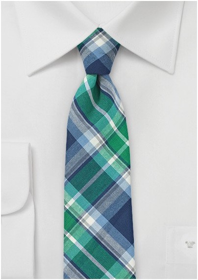 Green and Blue Cotton Plaid Tie