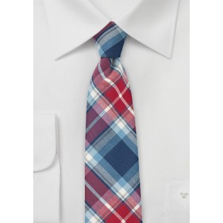 Narrow Cotton Plaid Tie in Red and Blue