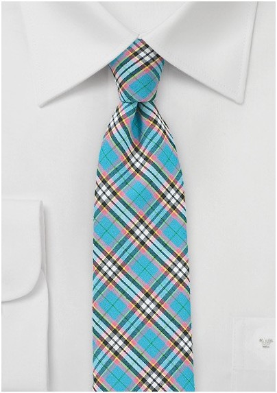 Turquoise Colored Cotton Plaid Tie