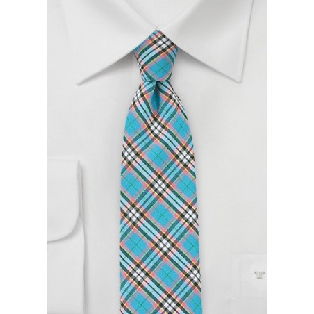 Turquoise Colored Cotton Plaid Tie