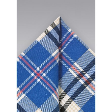 Cotton Plaid Pocket Square in Blue, Beige, and Black