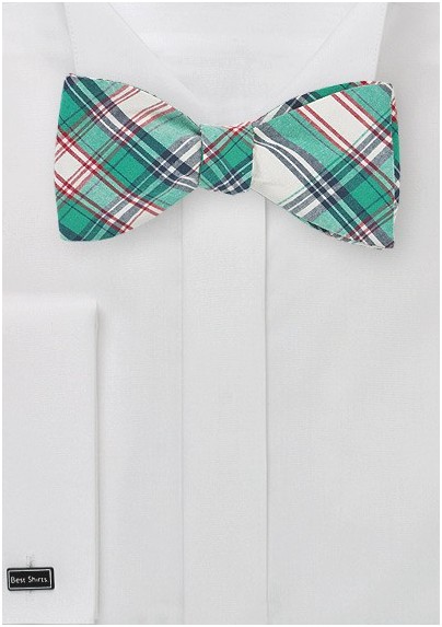 Summer Plaid Bow Tie in Green and Cream